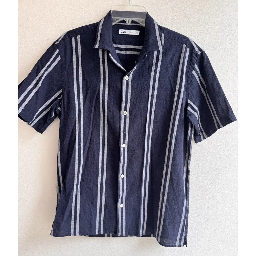 Zara Striped Linen Camp Collar Short Sleeve Shirt Men M Blue White Button Down - Picture 2 of 8